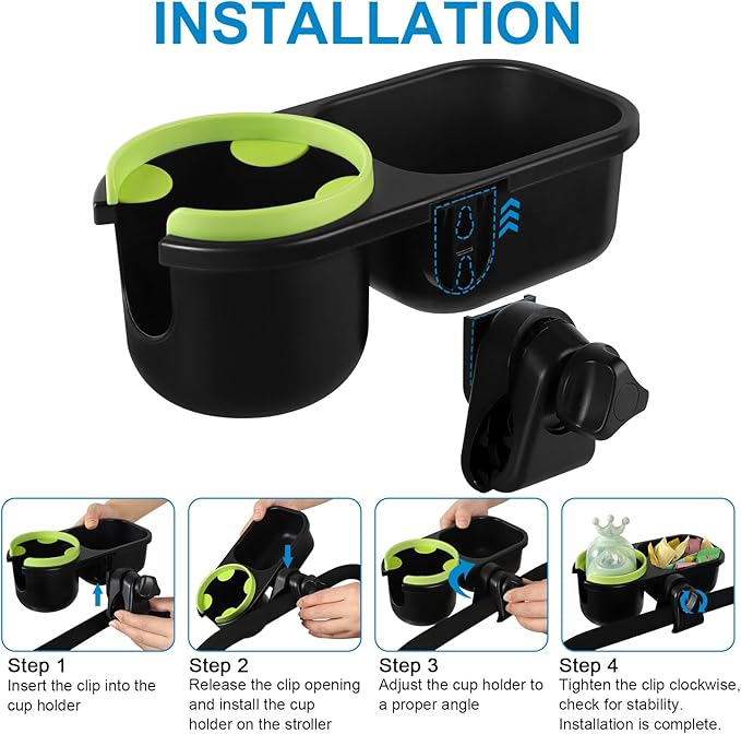 Accmor Stroller Cup Holder with Tray, Universal Cup Holder, Bike Bottle Holder, 361° Rotatable Large Caliber Drinks Holder for Stroller, Bike, Wheelchair, Walker-BubblyBeeBaby