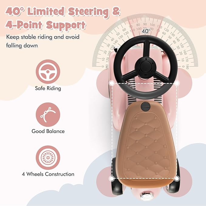 HONEY JOY Ride On Push Car, Outdoor Toddler Riding Toys w/Steering Wheel, Horn & Storage, Foot-to-Floor Sliding Car, No Batteries, Retro Baby Ride On Toys for Boys and Girls (Pink)-BubblyBeeBaby