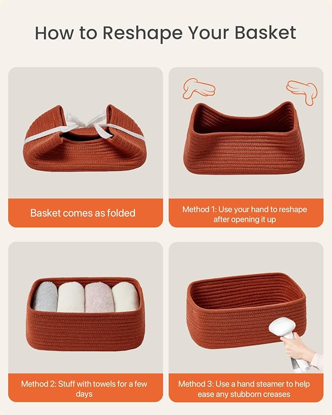 KALLAX Small Woven Basket, 12 x 8 x 4.5 Inches, Storage Basket for Organizing, Cute Small Rope Shelf Closet Cube Storage Bins Baskets for Shelves, Dog Toy Gift Baskets Empty, 3 Pack Rust Red-BubblyBeeBaby