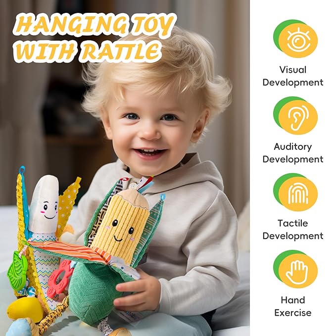 Jollybaby Stroller Rattle Toys for Car Seat Parm, Fruit Plush Hanging Infant Crib Bed Travel Activity Ring Bell with Crinkle, Squeaky & Teether for Boys Girls(Banana)-BubblyBeeBaby