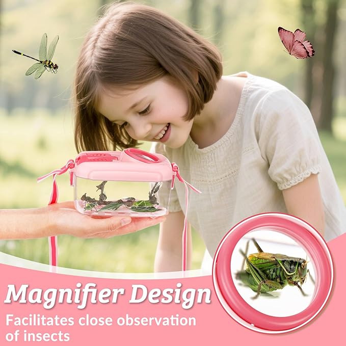 2 Set Bug Catcher for Kids- Educational Bug Catching Kit Including Butterfly Net, Insect Clip, Tweezer, Outdoor Toys for Kids Ages 3-10 (Pink)-BubblyBeeBaby