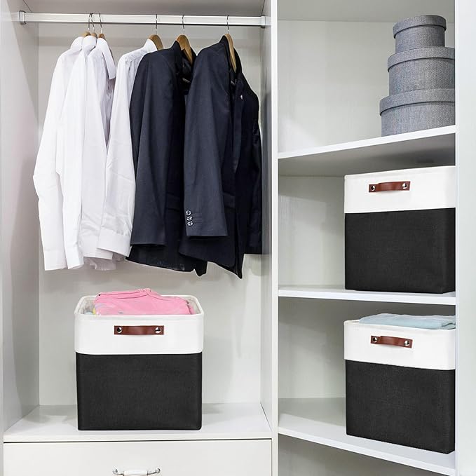13x13 Cube Storage Bins, Collapsible Fabric Storage Box, 4 Pack Closet Baskets with Handles for Organizing, Shelf, Toys, Clothes, Home, Office, Nursery (Black&White)-BubblyBeeBaby