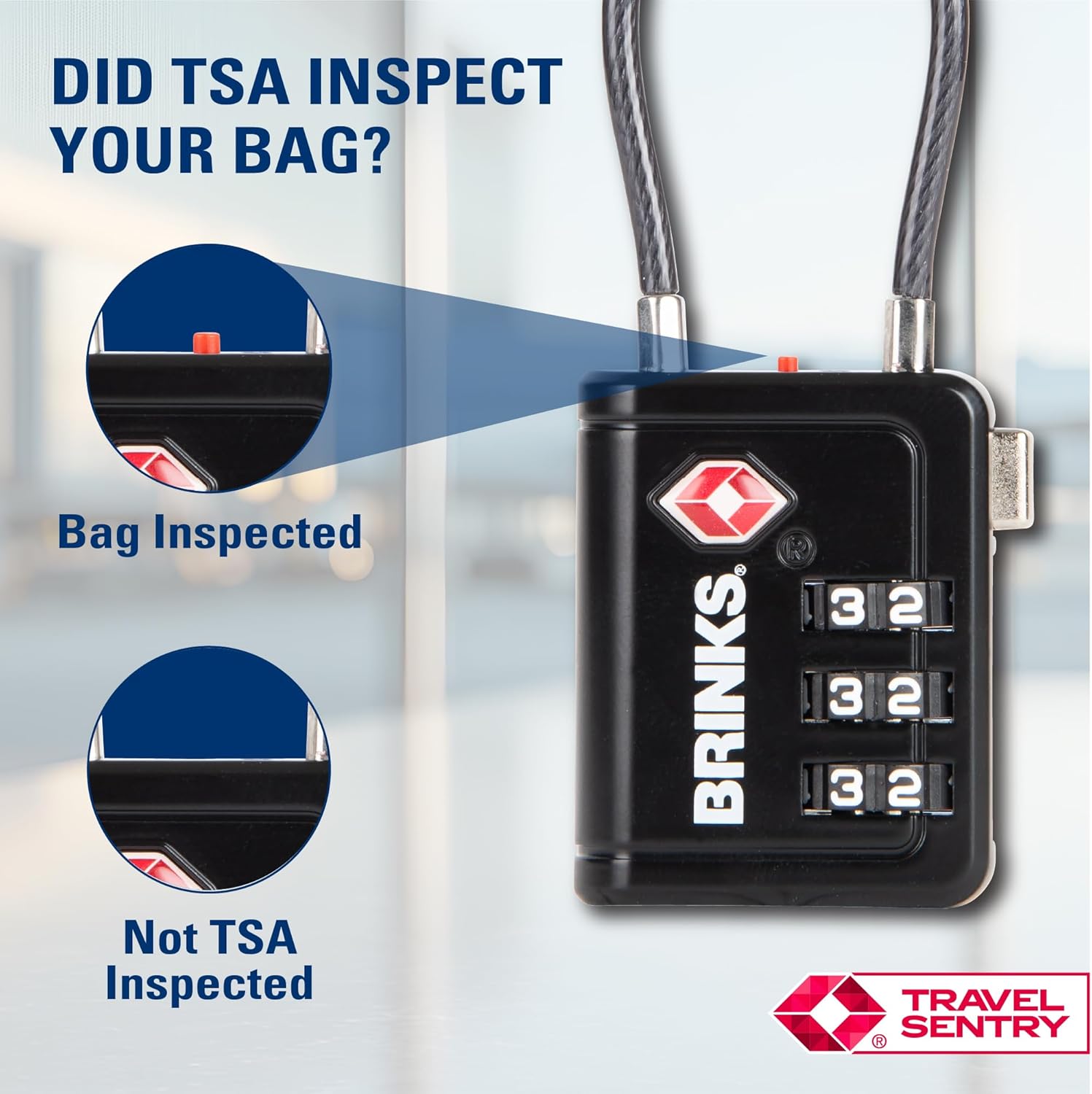 Brinks TSA Accepted Indicator Luggage Lock, Black - Ressetable Combination, 2.5 inch Long Shackle, New More Secure TSA008 Key, 2 Pack