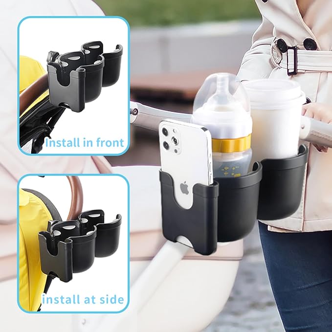 Baby Stroller Cup Holder with Phone Holder, 3-in-1 Bottle Holder, 360 Removable Degrees Rotation Drink Holder for Wheelchair, Stroller, Bike, Walker, Scooter, Bicycle, Uppababy, Nuna, Bugaboo, Doona.-BubblyBeeBaby