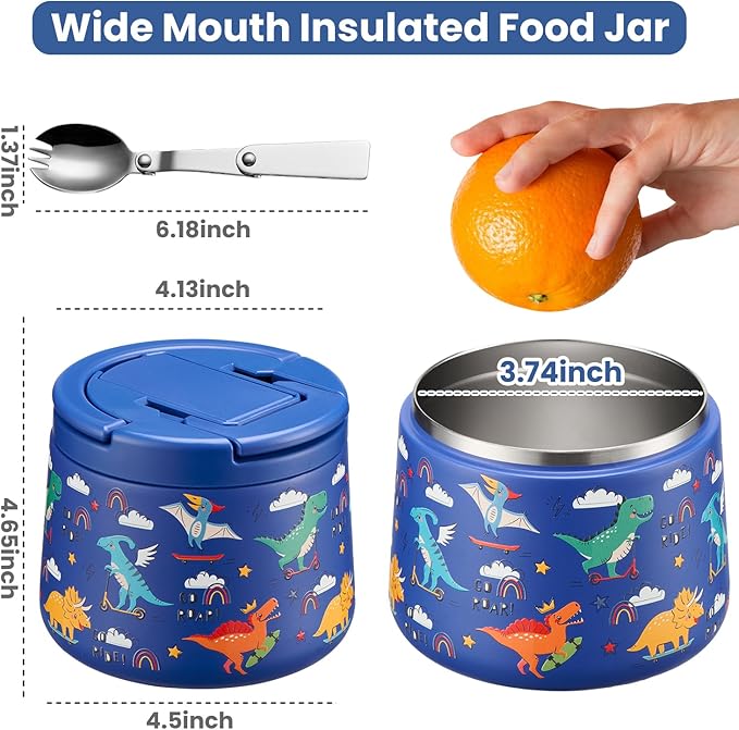 14oz Insulated Vacuum Food Jar with Buckle Lid,Soup Thermo for Hot Food Kids,Wide Mouth Leakproof Stainless Steel Lunch Container with Spoon-Dinosaur-BubblyBeeBaby