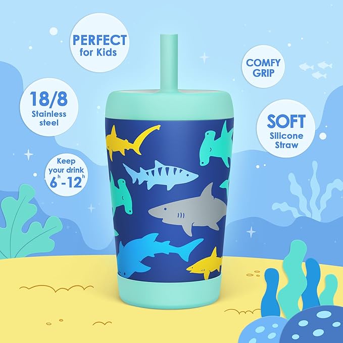 Kid Insulated Stainless Steel Tumbler with Silicone Straw, 12oz Sippy Cup for Kids (Sharks)-BubblyBeeBaby