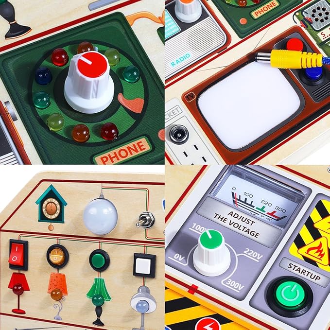 JAUNTY Montessori Wooden Busy Board for Toddlers 3 4 5 Years Old, Wooden Sensory Toddler Toys with LED Light Switches, TV Radio Telegram and Car Driving, Travel Toys Birthday for Boys Girls-BubblyBeeBaby