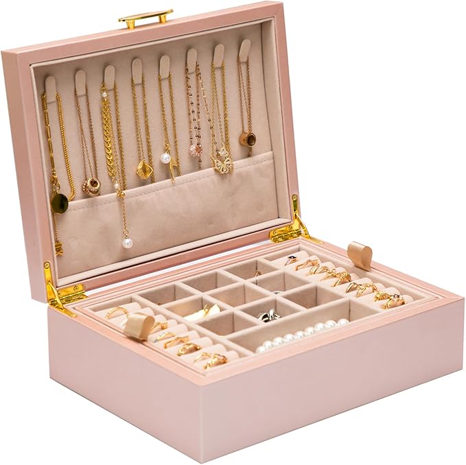 2-layer jewelry box，Jewelry Organizer with Handle，with hanging necklace hooks, detachable jewelry trays, suitable for storing a large amount of jewelry gift box (rose gold)-BubblyBeeBaby