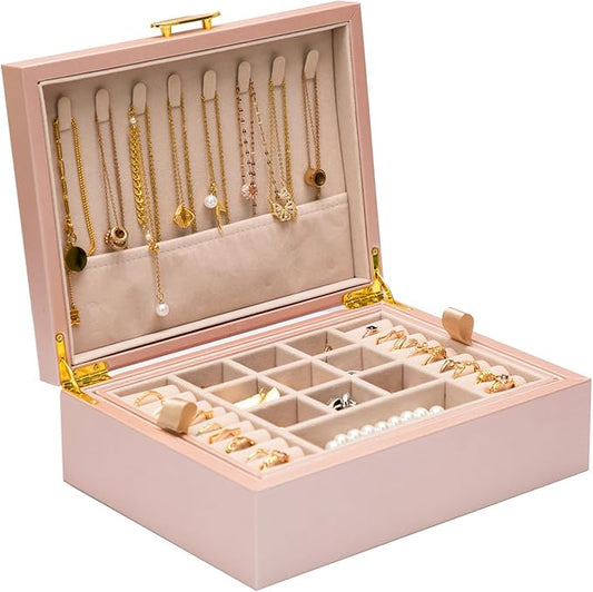 2-layer jewelry box，Jewelry Organizer with Handle，with hanging necklace hooks, detachable jewelry trays, suitable for storing a large amount of jewelry gift box (rose gold)-BubblyBeeBaby