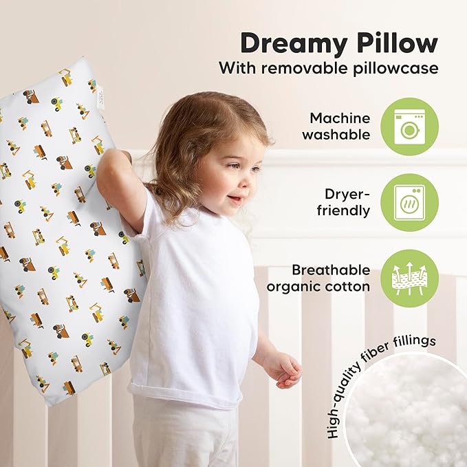 KeaBabies Toddler Pillow with Pillowcase, Jumbo 14X20 - Soft Organic Cotton Toddler Pillows for Sleeping - Machine Washable - Perfect for Travel, Toddler Bed Set (Construction)-BubblyBeeBaby