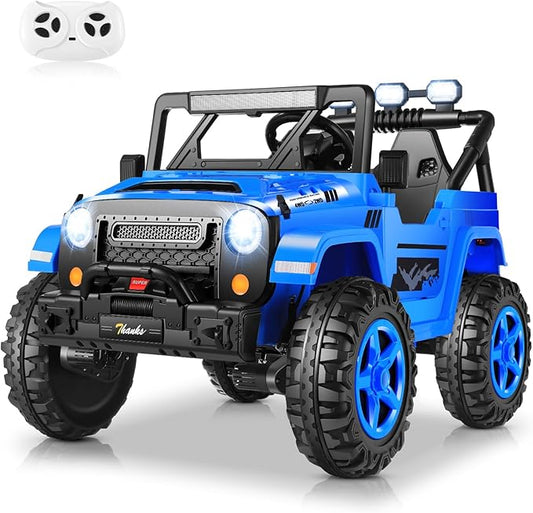 Hikole 24V Kids Ride on Car - 2 Seater, 4WD/2WD Switch, 4x200W Motor, Remote Control, 3 Speeds, LED Lights, Safety Belt, Off-Road Electric Vehicles for Boys Girls, Blue-BubblyBeeBaby