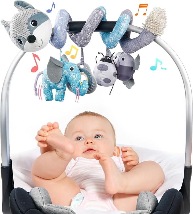 Jollybaby Baby Car Seat Stroller Toys, Plush Activity Hanging Spiral Activity Pram Crib with Music Box, Rattles, Squeaker for Babies Infant Boys Girls(Grey Fox)-BubblyBeeBaby