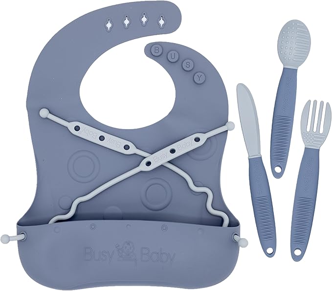BUSY BABY Bungee Bib & Utensil Set – Adjustable Silicone Bib with Pocket & Tethered Utensils for Babies & Toddlers-BubblyBeeBaby