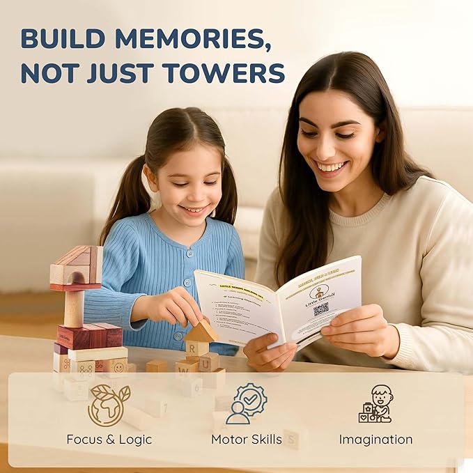 Hexagon Montessori Wooden Building Blocks – 86 Pieces FSC-Certified Beech | Alphabet & Number Blocks with Board Game, Storage Bag & 15-Challenge Guide | Stacking Toy for Kids Ages 3+-BubblyBeeBaby