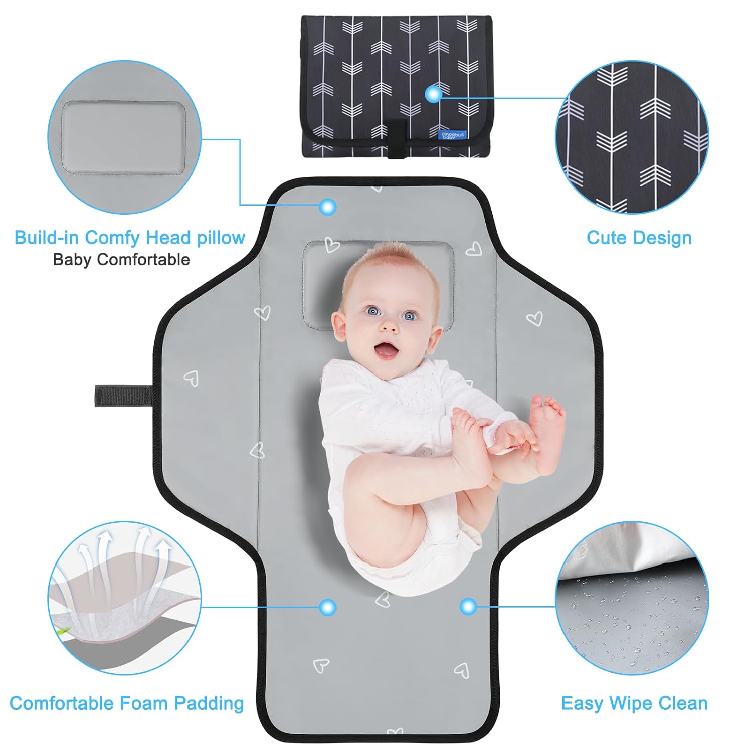 Baby Portable Changing Pad Travel - Waterproof Compact Diaper Changing Mat with Built-in Pillow - Lightweight & Foldable Changing Station, Newborn Shower Gifts