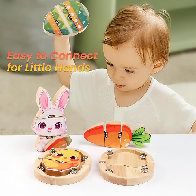 HUZU Easter Snap Builders, Easter Basket Stuffers Bunny, Carrot, Egg, Chick Wooden Puzzle Toy, Basket Essentials Take Apart & Mix Characters Kids Montessori STEM Fine Motor Skill-BubblyBeeBaby