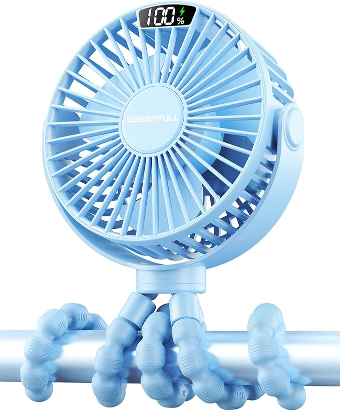 SWEETFULL Portable Stroller Fan with Display 4000mAh Battery Powered Mini Clip On Fan, 4-Speed Rechargeable Small Personal Cooling for Baby Car Seat Crib Travel - Blue-BubblyBeeBaby