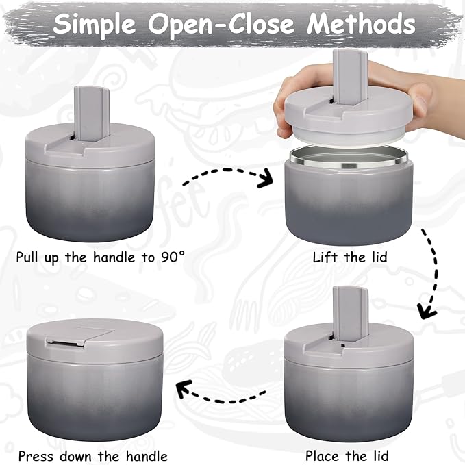 12oz Insulated Vacuum Food Jar with Buckle Lid Wide Mouth Soup Thermo for Hot Food Kids Leakproof Stainless Steel Lunch Container (Gradient Grey, 12OZ)-BubblyBeeBaby