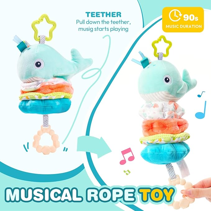 Jollybaby Baby Musical Pull String Hanging Toy for Stroller Car Seat Crib Play Gym, Plush Stuffed Whale Toy for Carseat with Music Teether Crinkle Paper, Sensory Toy for 0-6-12-18 Months Baby Gift-BubblyBeeBaby