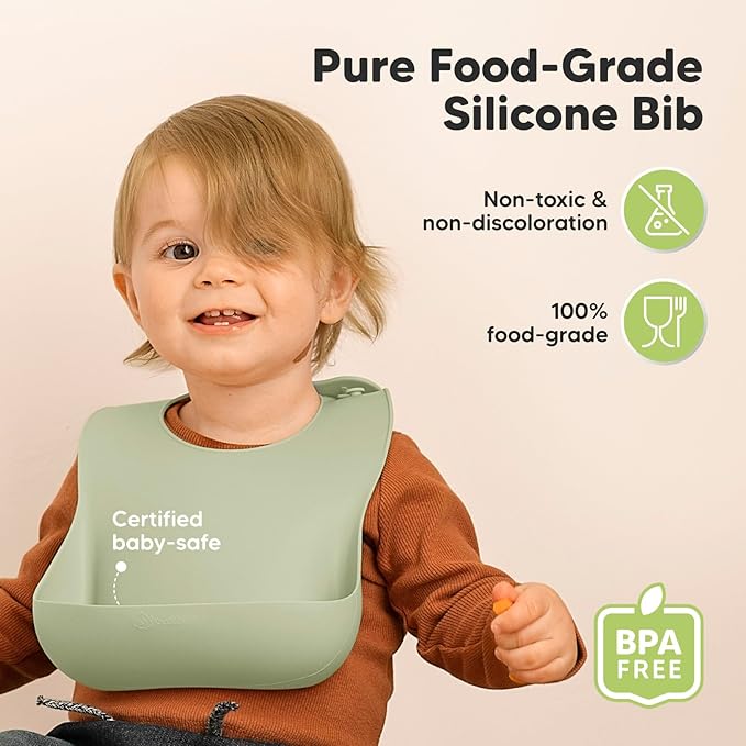 KeaBabies 2-Pack Silicone Baby Bibs for Eating - Sturdy Food-Grade Silicone Bibs for Babies Girl, Boy, Large Food Catcher, Clean & Put On Easily, Waterproof Toddler Feeding Essentials (Sage)-BubblyBeeBaby