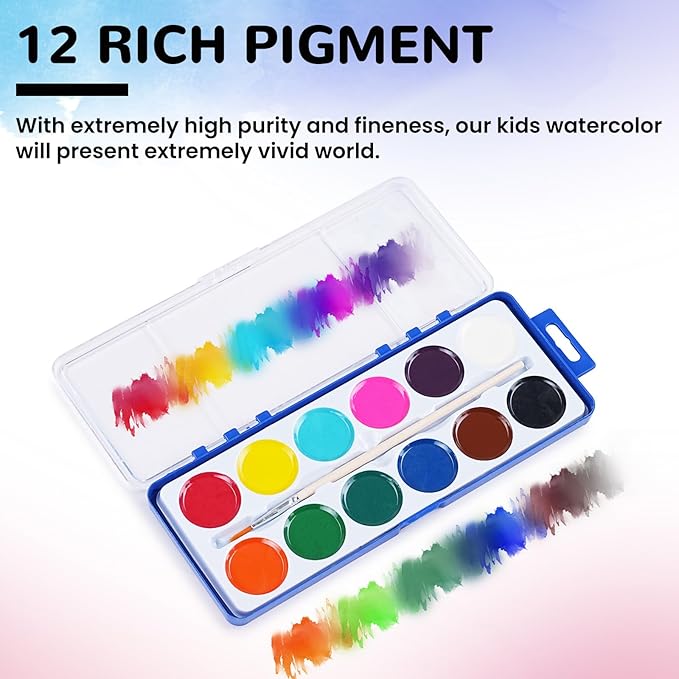 12 Color Watercolor Paint for Kids, 12 Pack Washable Water Color, Classroom Set, Woodbrushes Included-BubblyBeeBaby