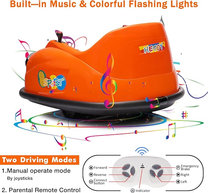 12V Bumper Car for Toddlers, Electric Toy Ride on Battery Car with Kids W/Parent Remote Control, 2-Speed, 360 Degree Spin, Music & LED Lights for Kids, Orange-BubblyBeeBaby