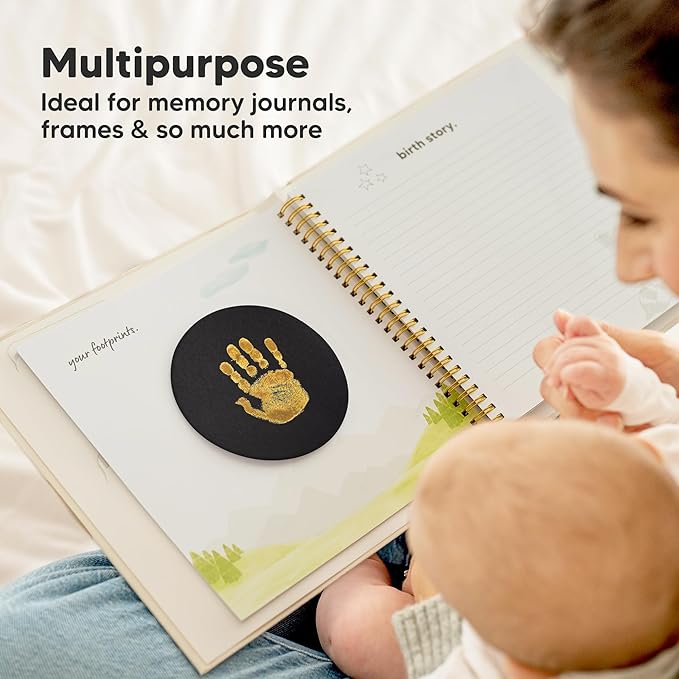 2-Pack Round Inkless Baby Hand and Footprint Kit - Mess Free Ink Pad for Newborn Keepsake, Dog Nose & Paw Print Kit, Clean Touch Ink Pad for Baby Hand & Footprints, Ideal New Mom Gifts (Gold)-BubblyBeeBaby