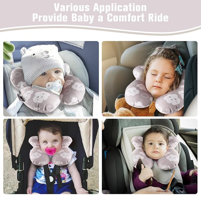vocheer Baby Travel Pillow(Upgraded), Head and Neck Support Pillow for Pushchair, Car Seat,Stroller, Bouncer, Cotton(Grey Cloud-BubblyBeeBaby