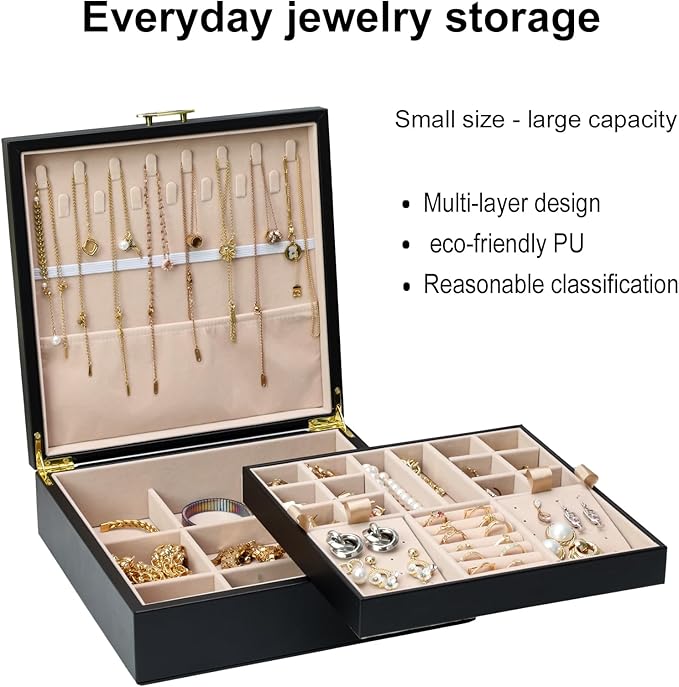 2-layer jewelry box，Jewelry Organizer with Handle，with hanging necklace hooks, detachable jewelry trays, suitable for storing a large amount of jewelry gift box (Large-Black)-BubblyBeeBaby