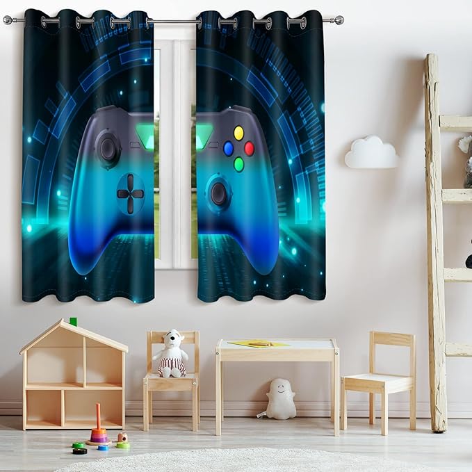 Jekeno Game Controller Blackout Curtains for Kids Boys Teens Bedroom Colorful Video Game Gamer Gaming Gamepad Decor for Home Living Room Grommet Window Drapes 2 Panel Set, 52"x84"-BubblyBeeBaby