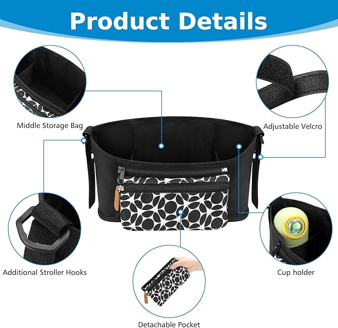 Accmor Universal Stroller Organizer with Detachable Phone Bag, Stroller Bag Caddy Organizer Stroller Accessories for Uppababy, Baby Jogger, Nuna, Doona, Britax Strollers-BubblyBeeBaby