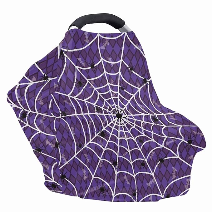 Binienty Halloween Spider Web and Bat Baby Car Seat Canopy Cover Halloween Decoration Nursing Cover for Breastfeeding Carseat Covers for Boy Girls-BubblyBeeBaby
