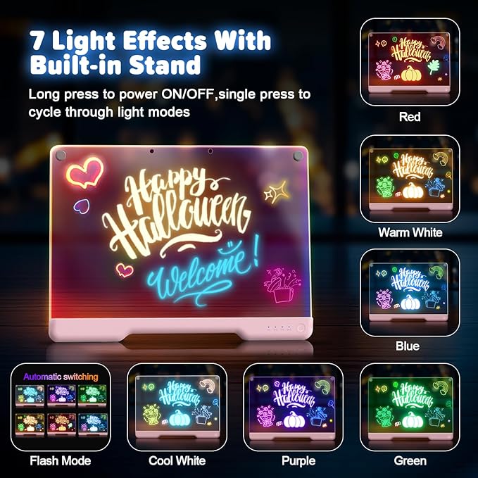 16-Inch Rechargeable Doodle Glow LED Note Board, 7-Color Light Modes, Neon Art Dry Erase Light Up Drawing Pad with Built-in Stand, Sketching Gift Toy for Kids/Girls/Teens, 5 Markers & Tracing Book-BubblyBeeBaby