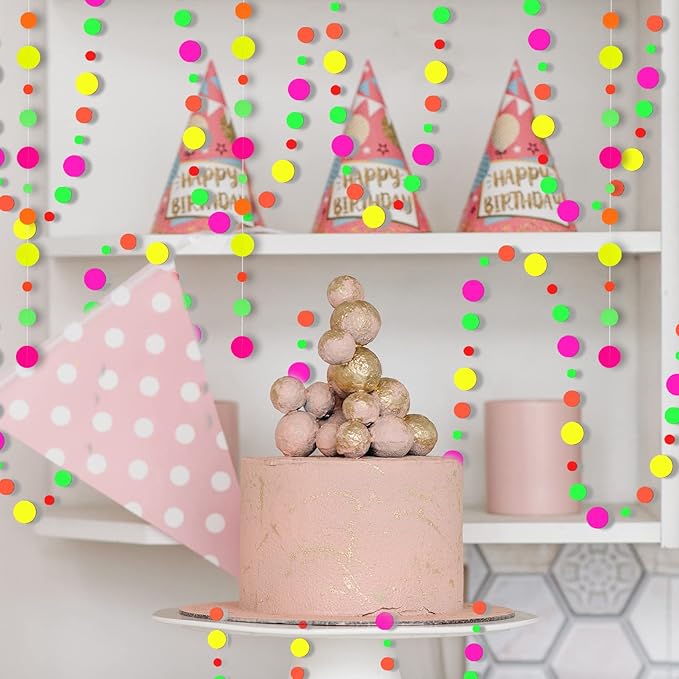 108feet Paper UV Round Dot Neon Garland Blacklight Reactive Glow in The Dark Party Supplies Streamers Glow Fluorescent Hanging Circle Dots Banners for Wedding Birthday Neon Party Decorations-BubblyBeeBaby