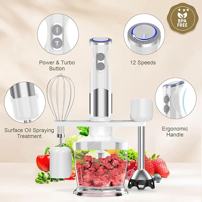 Immersion Blender Handheld Hand Blender - 1100W Non Scratch Stick Blender for Kitchen 12 Speed and Turbo Mode Chopper, Beaker, Whisk and Milk Frother for Milkshake Puree Smoothie Food-BubblyBeeBaby