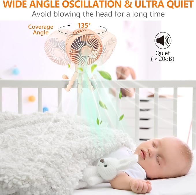 snawowo Mini Portable Baby stroller Fan, Auto Oscillating Battery Operated Personal Small Handheld Fan with Flexible Tripod, Rechargeable Clip On for Car Seat Crib Treadmill Travel Camping Pink-BubblyBeeBaby