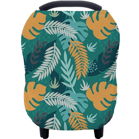 Carseat Cover Boy and Girls - Multi-use Nursing Car Seat Canopy Cover for Breastfeeding, Infant Stroller Cover, High Chair Cover (Green Leaves)-BubblyBeeBaby