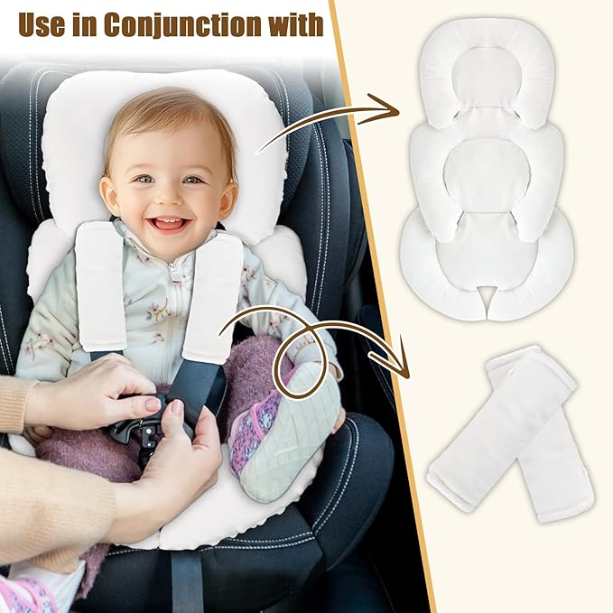 GFU Infant Car Seat Insert Head and Body Support, Reversible Newborn Insert for Carseat with Strap Pads, Soft Stroller Cushion Pillow Insert for Boys and Girls, Fits for Stroller, Swing, White-BubblyBeeBaby