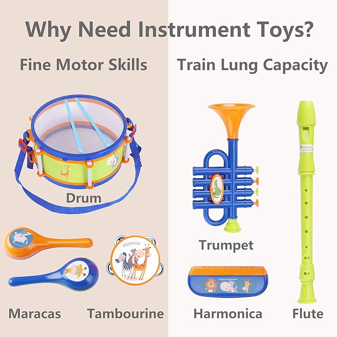 iPlay, iLearn Toddler Musical Instruments Toys, Kids Drum Set, Baby Trumpet, Percussion, Harmonica, Maraca, Flute, Tambourine, Birthday Gifts for 18 Months Olds Ages 2 3 4 5 Years Boys Girls Children-BubblyBeeBaby
