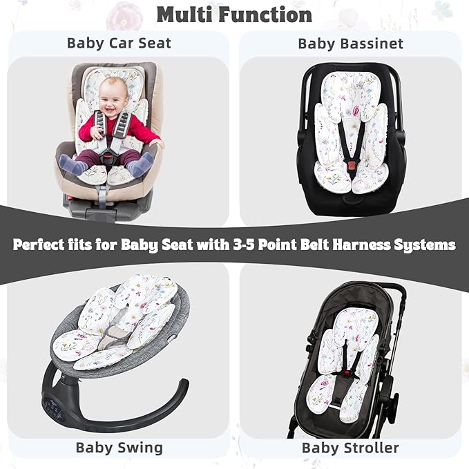Pea Pod Infant Car Seat Pad 2-in-1 Baby Car Seat Head & Body Support for Newborn Girl Reversible 3 Layer Warm Preemie Carseat Stroller Cushion Headrest with Soft Minky Dot Fabric, Wildflower-BubblyBeeBaby