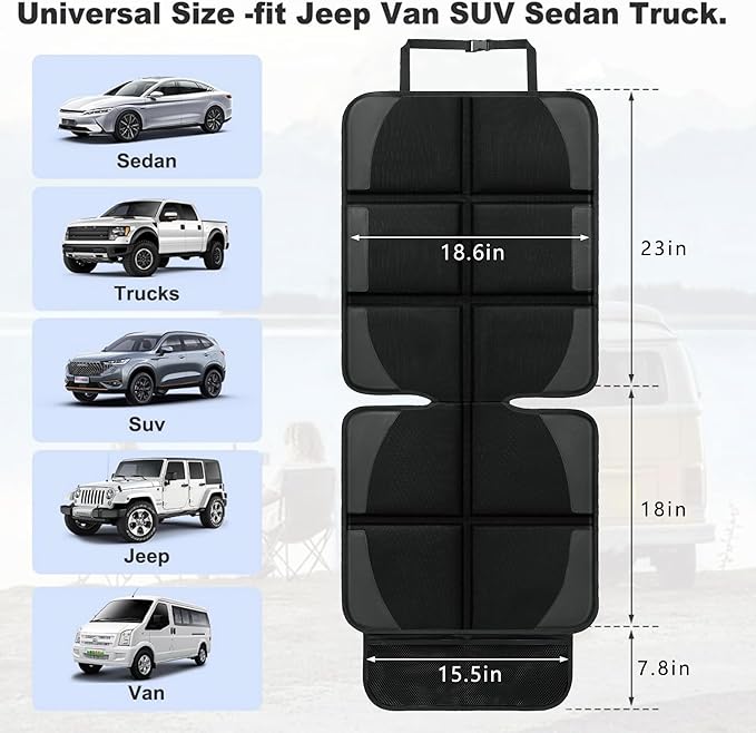 Car Seat Protector for Child Car Seat, 2 Pack Baby Car Seat Covers with Mesh Pockets & Non-Slip Backing 600D Durable Seat Protector Under Baby Car Seat for Car Back Seat (Black, Large)-BubblyBeeBaby