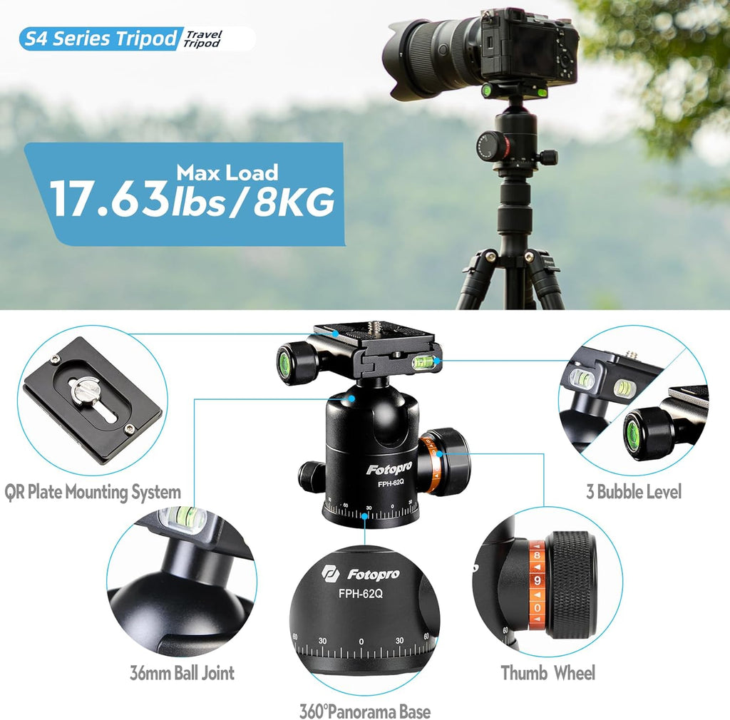 Fotopro 78" Camera Tripod, Aluminum Compact Travel Tripod and Monopod with 360° Ball Head Quick Release Plate, Professional Camera Tripod for DSLR, Load up 17.63lbs