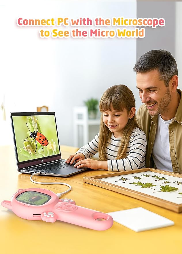 2-in-1 Microscope Camera for Kids, Mini Handheld Microscope Supporting Multiple Viewing Angles, Outdoor Educational Science Adventure Toys, Birthday Gifts for 3-10 Years Old Girls, Pink Cat-BubblyBeeBaby