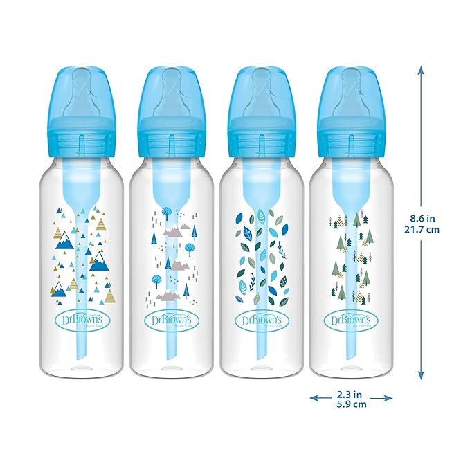 Dr. Brown's Natural Flow Anti-Colic Options+ Narrow Baby Bottle, Blue Nature, 8 oz/250 mL, with Level 1 Slow Flow Nipples, 0m+, 4 Pack-BubblyBeeBaby