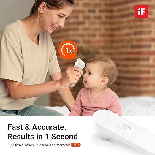 iHealth No-Touch Forehead Thermometer for Adults, Kids, Babies - 1s Fast Accurate, 3 Ultra-Sensitive Sensors, Quiet Vibration Feedback, Digital Large LED Digits, Easy to Use for Home & Nurses, PT3-BubblyBeeBaby