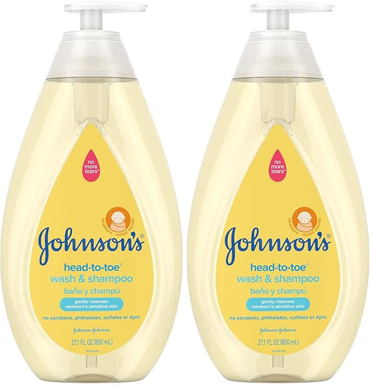 Johnson's Head-to-Toe Gentle Tear-Free Baby & Newborn Wash & Shampoo, Sulfate-, Paraben- Phthalate- & Dye-Free, Hypoallergenic Wash for Sensitive Skin & Hair, 27.1 fl. Oz (Pack of 2)-BubblyBeeBaby