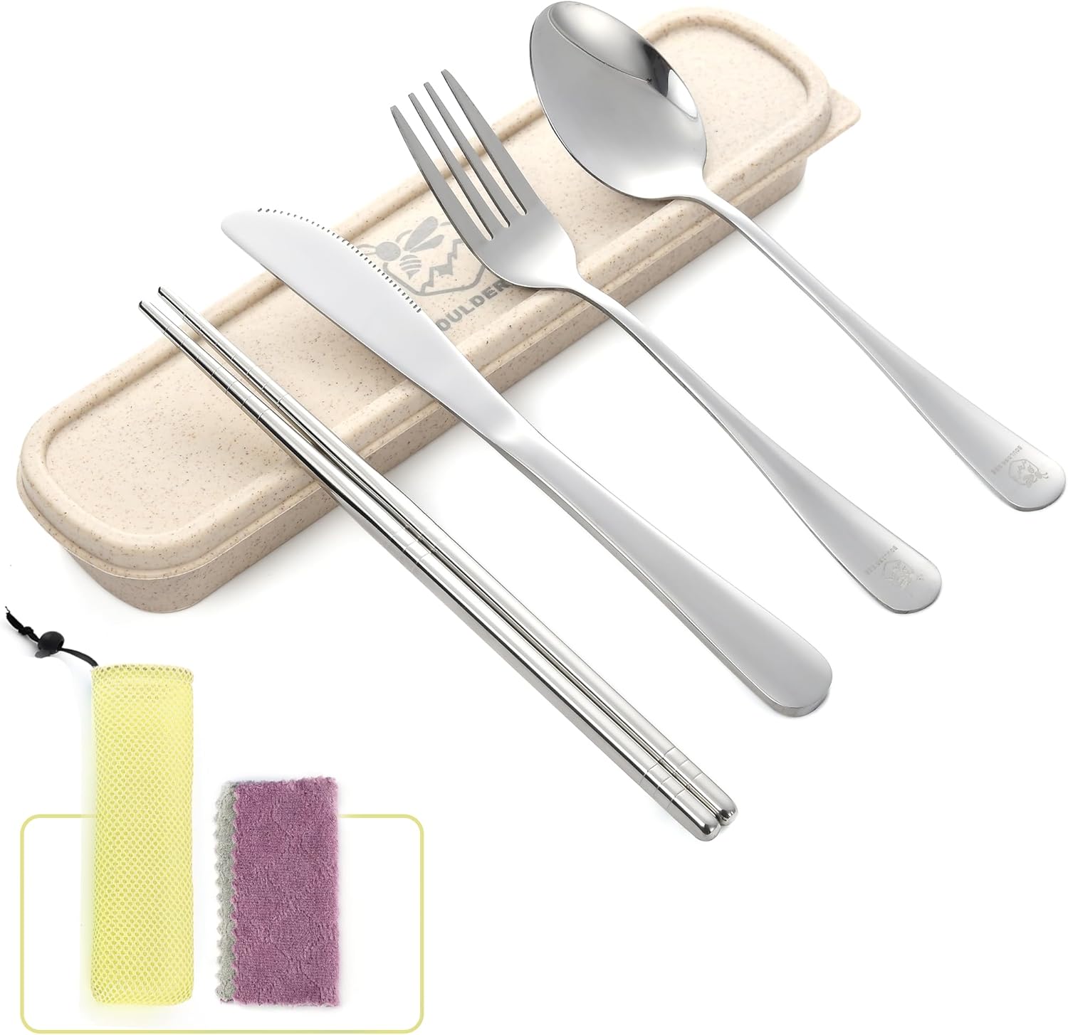 Boulder Bee Travel Utensils Set | Reusable Camping Cutlery Set | Stainless Steel Flatware Set | Portable Silverware Set with Case | Includes Knife/Fork/Spoon/Chopsticks/Cleaning Cloth/Case (Sliver)