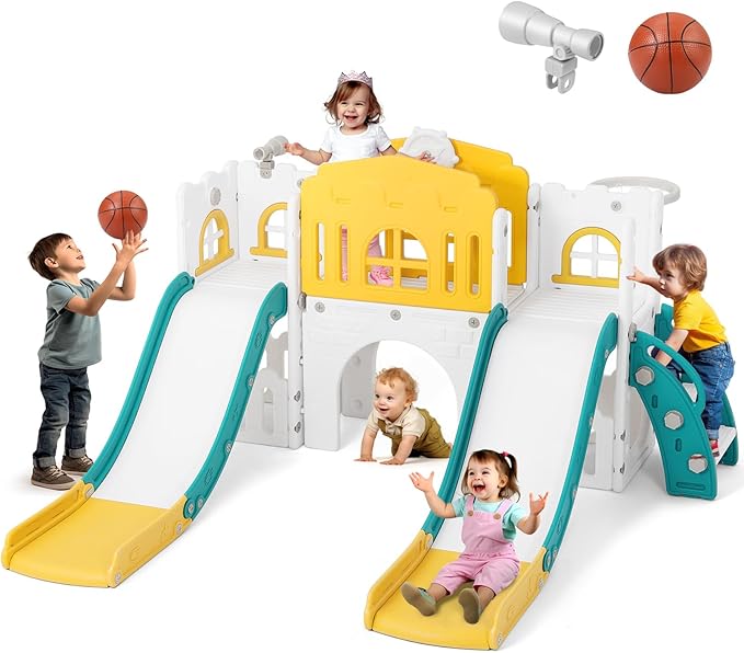 JOYLDIAS 9 in 1 Toddler Slide, Toddler Playground with Double Slides, Climber,Basketball Hoop,Tunnel, Telescope, Storage Space and Non-Slip Step, Indoor Outdoor Backyard Playset for Toddlers Age 1-3+-BubblyBeeBaby