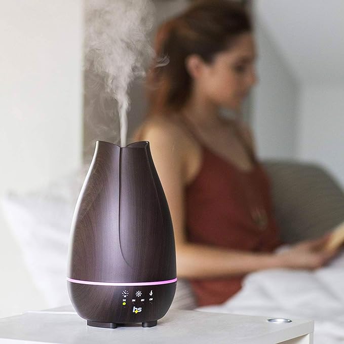 HealthSmart Essential Oil Diffuser, Cool Mist Humidifier and Aromatherapy Diffuser with 500ML Tank Ideal for Large Rooms, Adjustable Timer, Mist Mode and 7 LED Light Colors, Brown-BubblyBeeBaby
