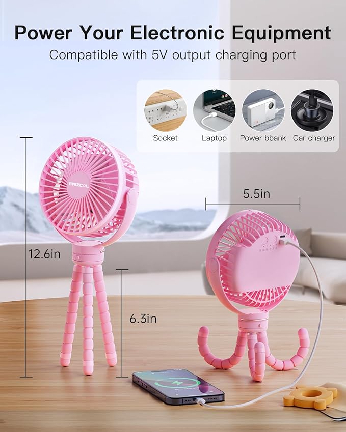 FRIZCOL 12000mAh Portable Stroller Fan, Use As Power Bank, 65H Battery Operated Fan Flexible Tripod Clip On Fans, Detachable Personal Handheld Baby Fans for Stroller, Car seat, Desk, Treadmill（Pink）-BubblyBeeBaby